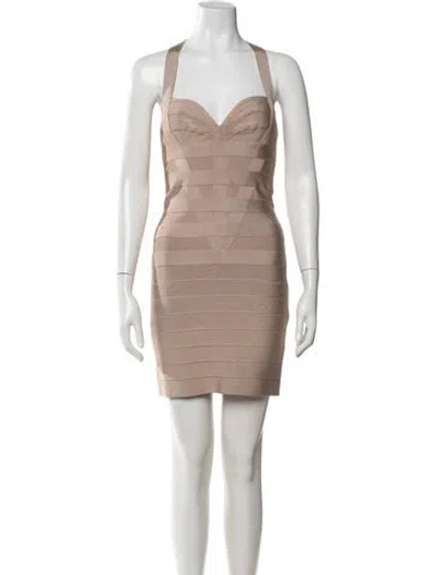 Pre-owned Herve Leger Halterneck Mini Dress W/ Tags In Neutrals