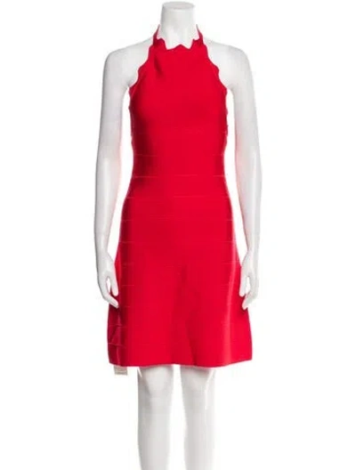 Pre-owned Herve Leger Halterneck Mini Dress W/ Tags In Red