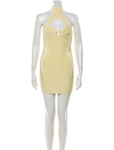 Pre-owned Herve Leger Halterneck Mini Dress W/ Tags In Yellow