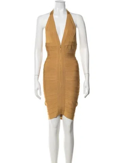 Pre-owned Herve Leger Halterneck Mini Dress In Yellow