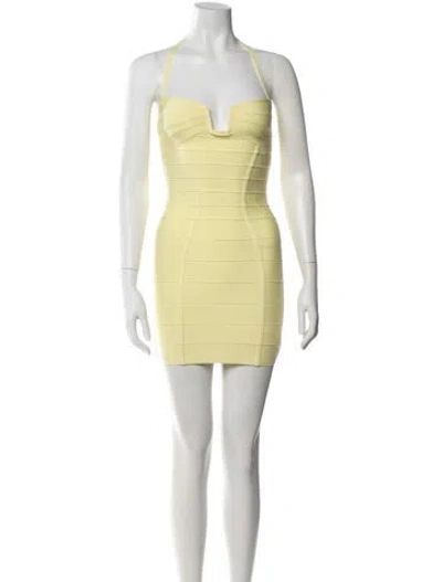 Pre-owned Herve Leger Halterneck Mini Dress In Yellow