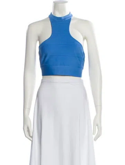 Pre-owned Herve Leger Halterneck Sleeveless Crop Top In Blue