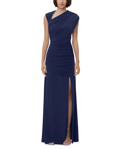 Herve Leger High Slit Asymmetrical Gown In Blue