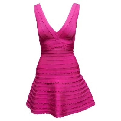 Pre-owned Herve Leger Hot Pink  Sleeveless A-line Mini Dress Size Us Xs