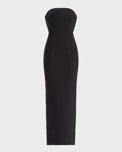 Herve Leger Icon Chevron Strapless Bustier Gown In Black