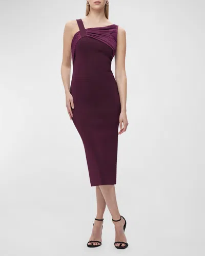 Herve Leger Janelle Pleated Asymmetric Sleeveless Midi Dress In Pinot
