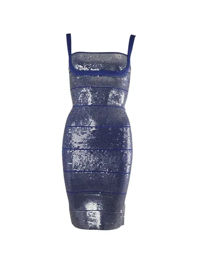 Pre-owned Herve Leger Katherine Sequin Bandage Mini Dress In Blue