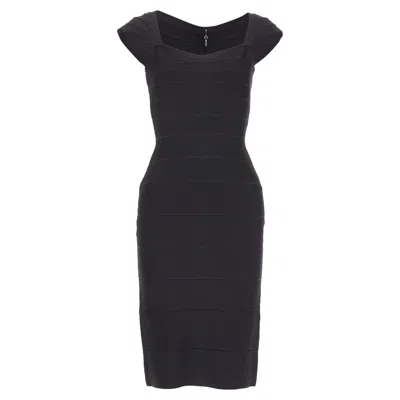 Pre-owned Herve Leger Kristen Black Bandage Sculpted Shoulder Open Side Bodycon Dress S