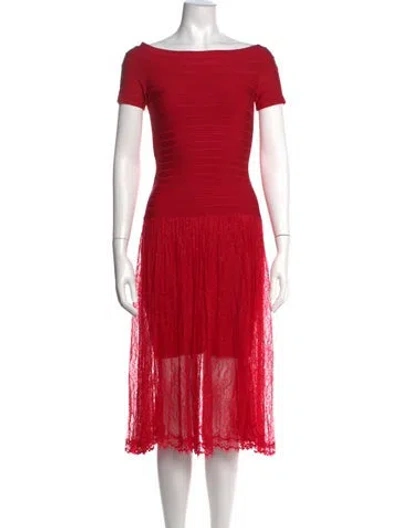 Pre-owned Herve Leger Lace Pattern Midi Length Dress In Red