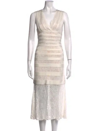 Pre-owned Herve Leger Lace Pattern Midi Length Dress In White