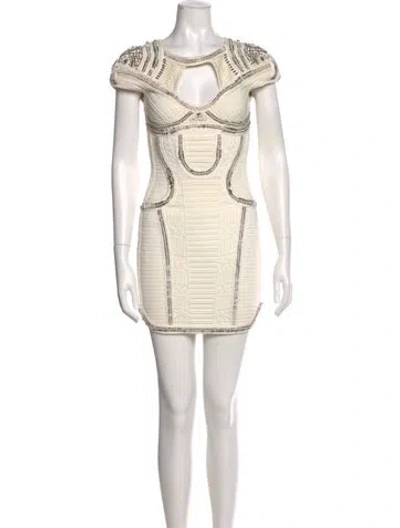 Pre-owned Herve Leger Lace Pattern Mini Dress In White