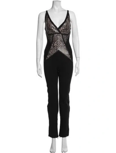 Pre-owned Herve Leger Lace Pattern V-neck Jumpsuit In Black