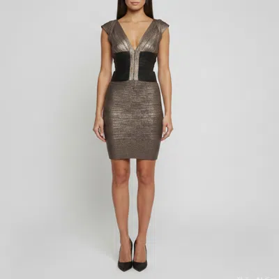 Pre-owned Herve Leger Metallic Black/gold Stretch Knit Melena Bandage Mini Dress M