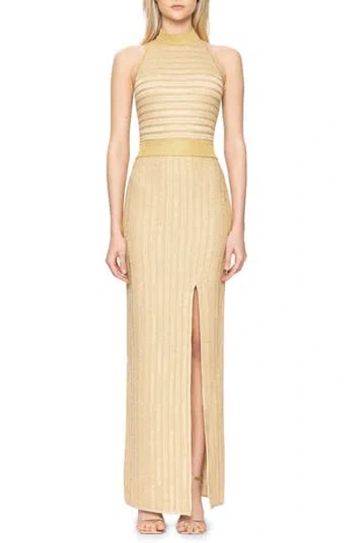 Herve Leger Halter Eyelash Knit Gown In Met Gold