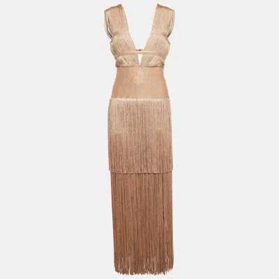 Herve Leger Metallic Lurex Knit Fringed Bodycon Evening Gown In Neutral