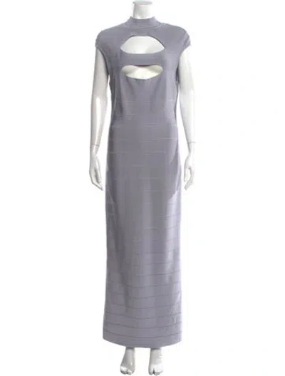 Pre-owned Herve Leger Mock Neck Long Dress In Blue