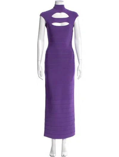 Pre-owned Herve Leger Mock Neck Long Dress In Purple