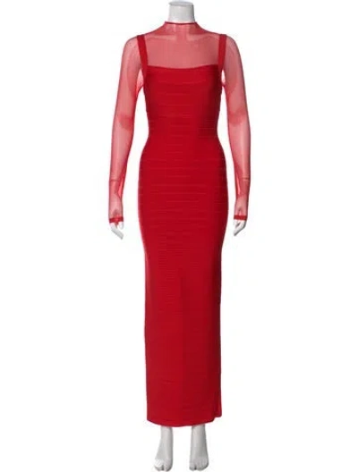 Pre-owned Herve Leger Mock Neck Long Dress In Red