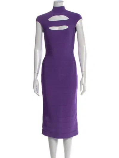Pre-owned Herve Leger Mock Neck Midi Length Dress In Purple