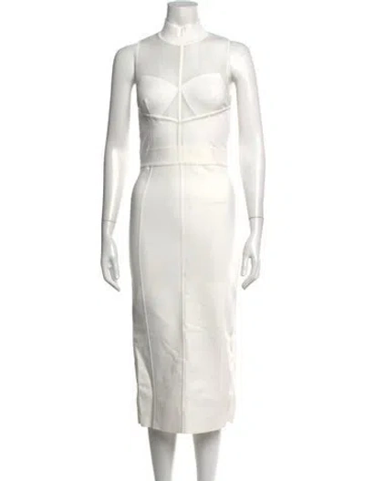 Pre-owned Herve Leger Mock Neck Midi Length Dress In White