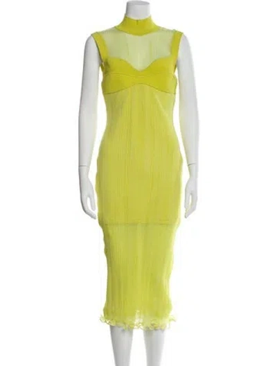 Pre-owned Herve Leger Mock Neck Midi Length Dress In Yellow