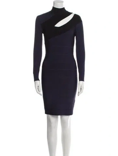 Pre-owned Herve Leger Mock Neck Mini Dress In Blue