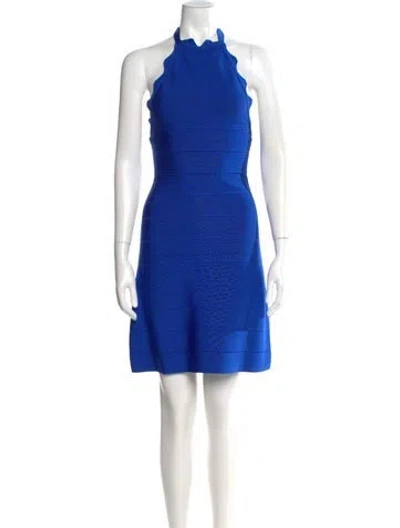 Pre-owned Herve Leger Mock Neck Mini Dress In Blue