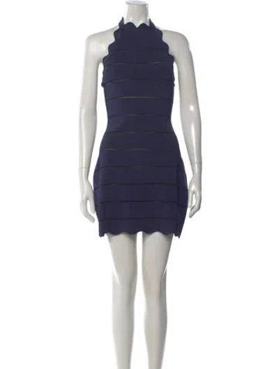 Pre-owned Herve Leger Mock Neck Mini Dress In Blue