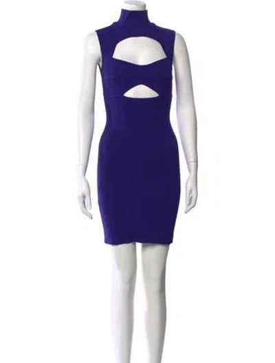 Pre-owned Herve Leger Mock Neck Mini Dress In Blue