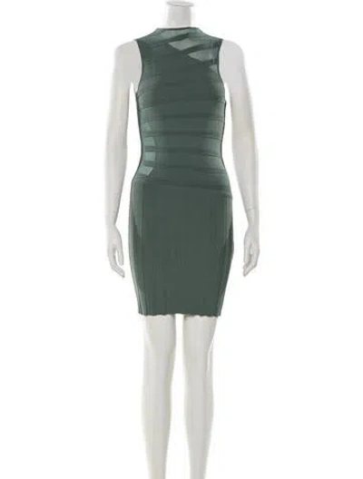 Pre-owned Herve Leger Mock Neck Mini Dress In Green