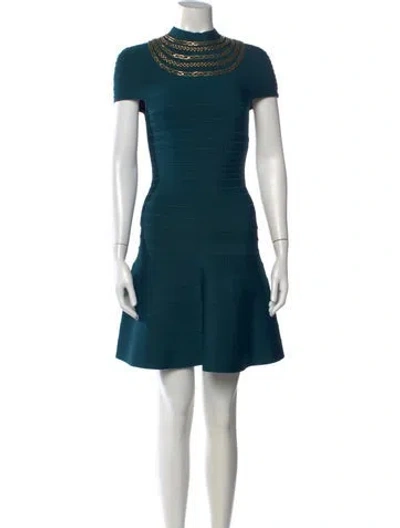 Pre-owned Herve Leger Mock Neck Mini Dress In Green
