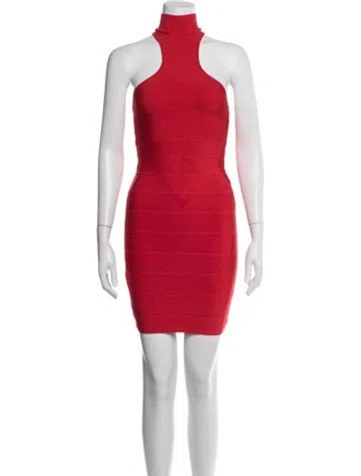 Pre-owned Herve Leger Mock Neck Mini Dress In Red