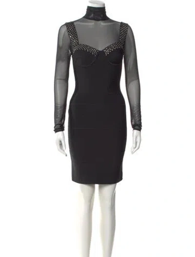 Pre-owned Herve Leger Mock Neck Mini Dress W/ Tags In Black