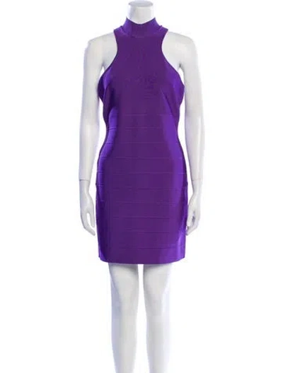 Pre-owned Herve Leger Mock Neck Mini Dress W/ Tags In Purple