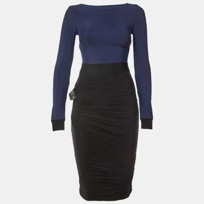 Herve Leger Navy Blue Knit & Tulle Ruched Bodycon Dress In Multi