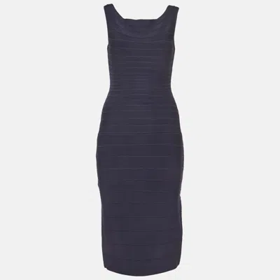 Pre-owned Herve Leger Navy Blue Knit Bandage Dress L