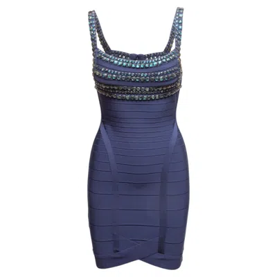Pre-owned Herve Leger Navy  Crystal-embellished Mini Bandage Dress Size Us M In Blue