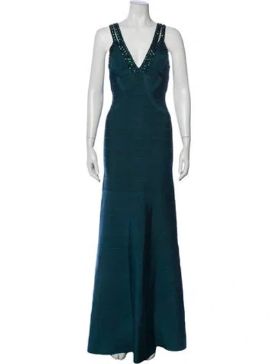 Pre-owned Herve Leger Neala Long Dress In Green