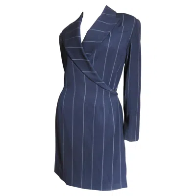 Pre-owned Herve Leger New Navy Wrap Dress 1990s In Blue