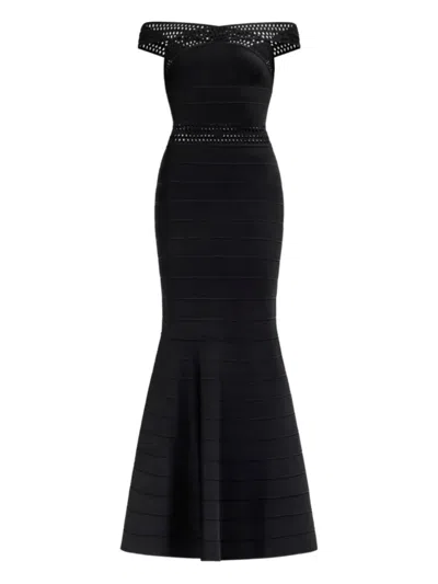 Herve Leger Octavia Off-the-shoulder Cut-out Gown In Black