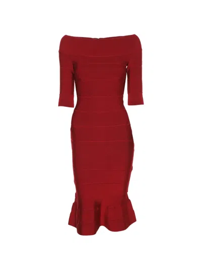 Pre-owned Herve Leger Off-shoulder Midi Dress In Red