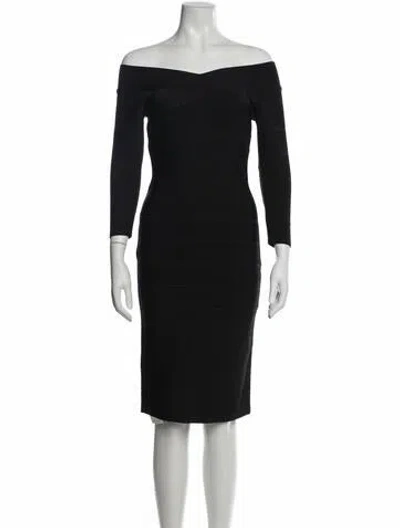 Pre-owned Herve Leger Off-the-shoulder Knee-length Dress In Black