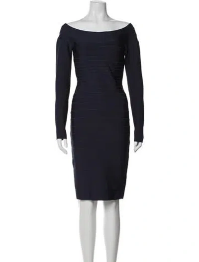 Pre-owned Herve Leger Off-the-shoulder Knee-length Dress In Blue