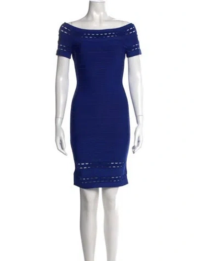 Pre-owned Herve Leger Off-the-shoulder Knee-length Dress In Blue