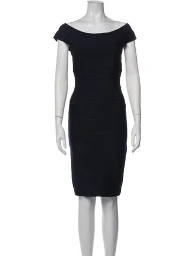 Pre-owned Herve Leger Off-the-shoulder Knee-length Dress In Blue