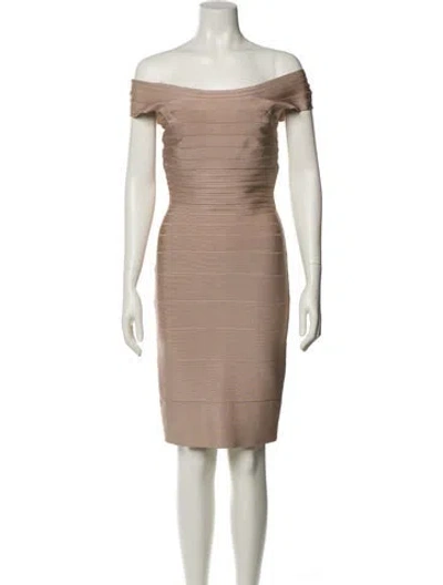 Pre-owned Herve Leger Off-the-shoulder Knee-length Dress In Brown