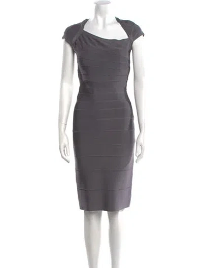 Pre-owned Herve Leger Off-the-shoulder Knee-length Dress In Gray
