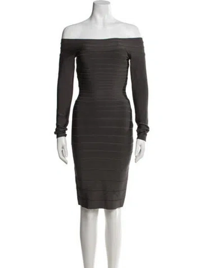Pre-owned Herve Leger Off-the-shoulder Knee-length Dress In Gray