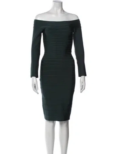 Pre-owned Herve Leger Off-the-shoulder Knee-length Dress In Green