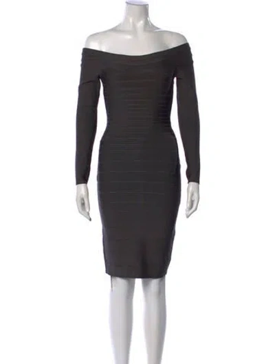 Pre-owned Herve Leger Off-the-shoulder Knee-length Dress In Grey
